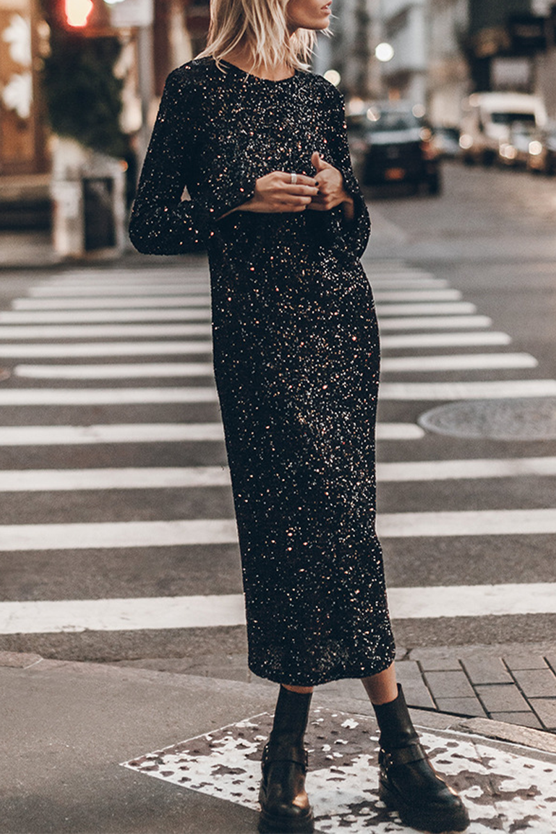 Aiertu  -Casual Street Sequins Backless O Neck Long Sleeve Dresses aiertu