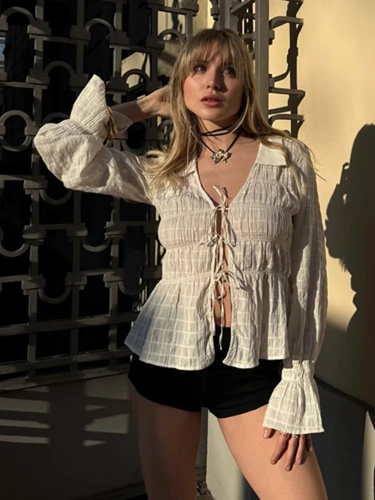 Aiertu  -  Chic Folds Long Puff Sleeve Shirts For Women Elegant Turn-down Collar Lace Up Blouse Summer Holiday Commute Street Beach Tops Aiertu