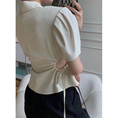 Aiertu Elegant Cropped Shirts Women Vintage Sexy Hollow Out Shirring Blouses Summer Office Ladies Korean Puff Sleeve Chic Tops Aiertu