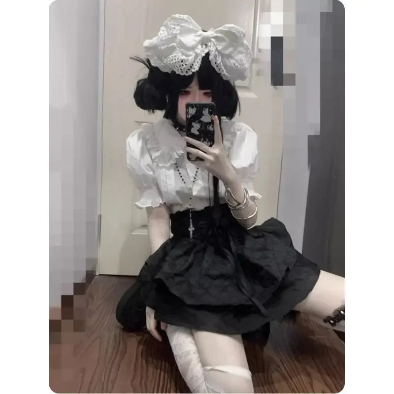 Aiertu  -  Punk Y2k Aesthetic High Waist Japan Tiered Skirts Harajuku Flower Print Gothic Lolita All Match Clothes Japan Lazy Girl Bottom Aiertu