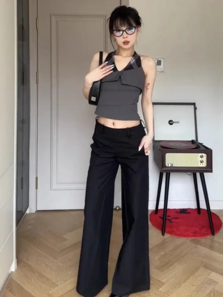 Aiertu  -  Fake Two Pieces Plaid Patchwork Halter Tanks Summer Y2k Aesthetic Slim Vintage Tank Top Streetwear Grunge Pleated Cropped Vest Aiertu