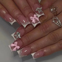 Aiertu Pink French Style Fake Nails 3D Bowknot Designs Short Square Press on Nails Sweet Korean Fashion False Nails for Women and Girls Aiertu