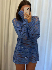 Aiertu  -  Sexy Hollow Out Knit Cover Up Dress For Women See-Through Loose Beach Holiday Mini Dress Summer Splice Knitwear Cover up Aiertu