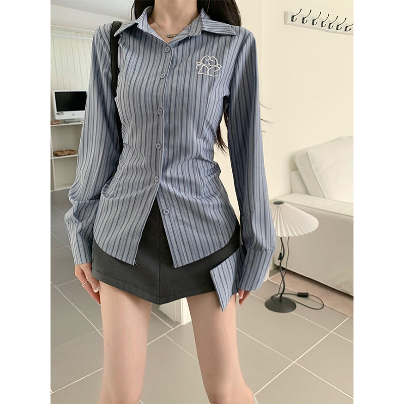 Aiertu Y2K Striped Shirts Women Vintage Print Long Sleeve Slim Blouses Preppy Streetwear Korean Embroidery Chic Casual Tops New Aiertu