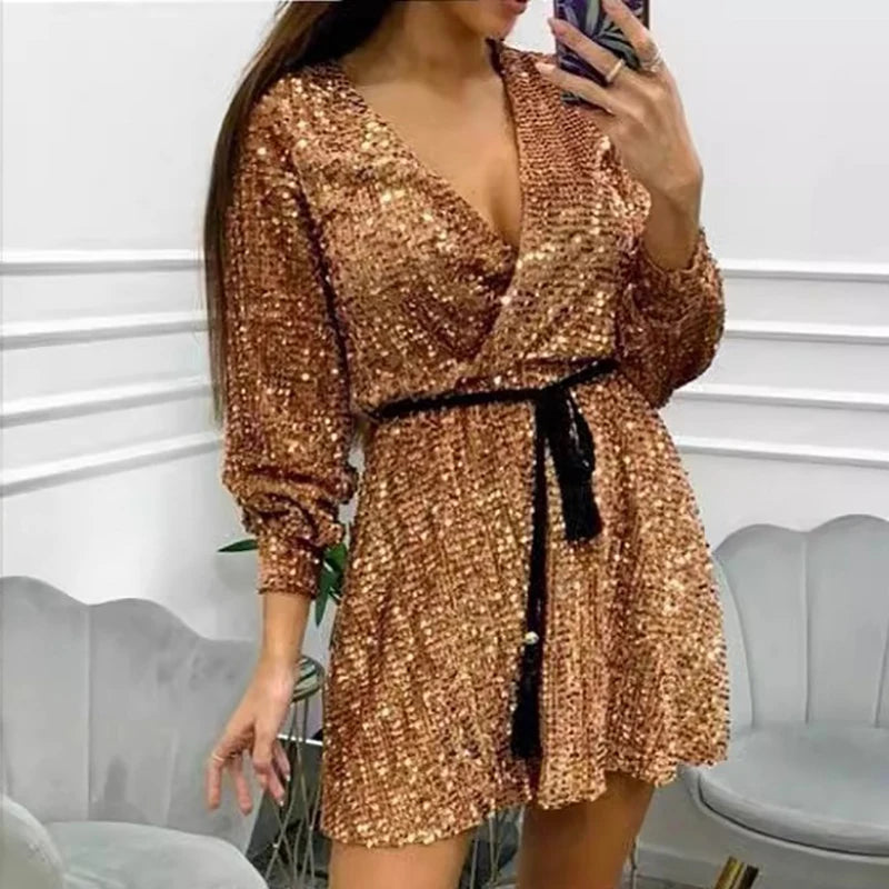 Aiertu  -  Sexy Deep V-neck Long Sleeve Mini Dress Women Fashion Shiny Sequins Lace-up A-Line Dress Fashion Hight Waist Club Party Dresses Aiertu