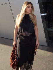 Aiertu  -  Lace Patchwork Tank Top Skirt Set Women Sleeveless Solid Thin Vest Split Midi Skirts Suit 2026 Summer Holiday Street Outfits Aiertu