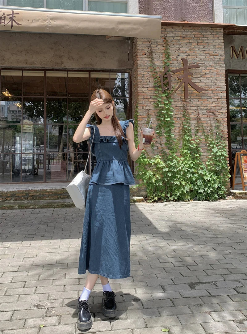 Aiertu  -  Sweet Hot Girl Denim Suit Women's Summer Pleated Flying Sleeve Top High Waisted A-line Long Skirt Two-piece Set Female Clothes Aiertu