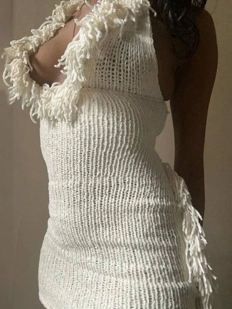 PICSGIRL - party look snspos Fashion Halter Knitted Mini Dresses for Women Lace-up Backless Tassel Sweater Dress Lace-up Sleeveless Beach Vacation Vestidos Aiertu