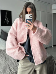 Aiertu  -  Pink Short Fur Jacket Coat For Women Autumn Winter Casual Stand Collar Pocket Loose Fashion Long Sleeve Jacket Top Female Aiertu