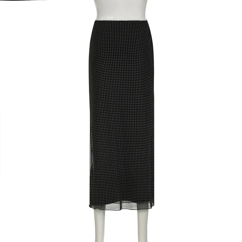 Aiertu  -  Elegant Chic Polka Dot Mesh Skirt Women Lace Trim Bow Vintage Fashion Party Long Skirts Double Layer Bottoms Outfits Aiertu