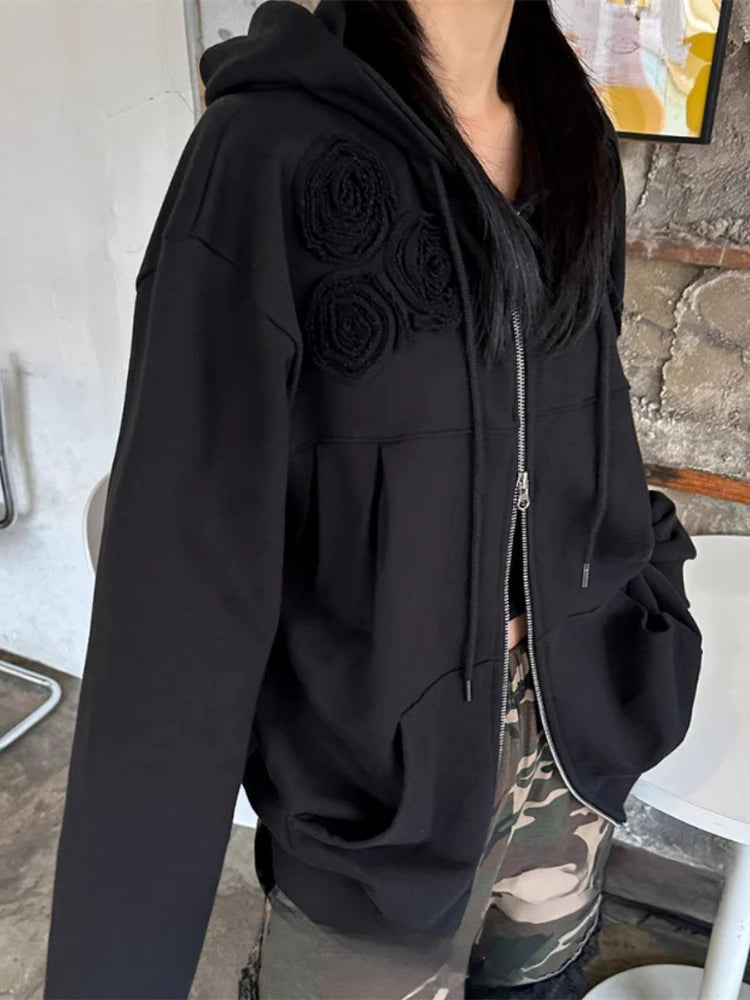 Aiertu  -  Harajuku Casual Solid 3D Flower Hoodies Women Y2k Aesthetic Casual Loose Hoody Streetwear Dual Zippers Pocket Grunge Sweatshirt Aiertu