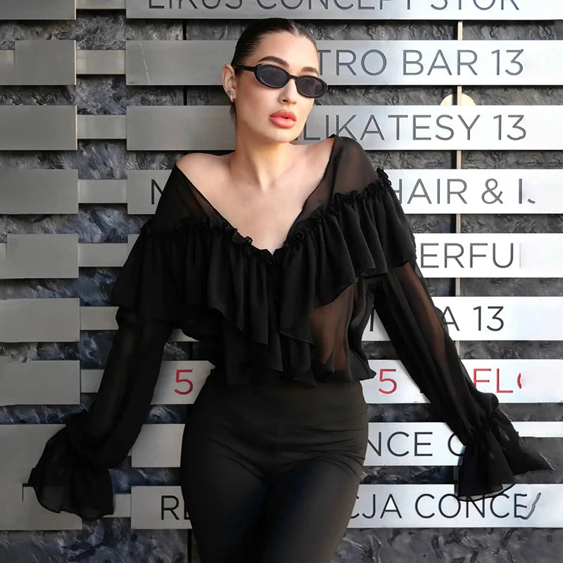 Aiertu  -  Fashion Women's Ruffle Shirts Loose V-neck Long Lantern Sleeve Female Blouses 2025 Spring Summer Lady Sexy See Through Shirt New Aiertu