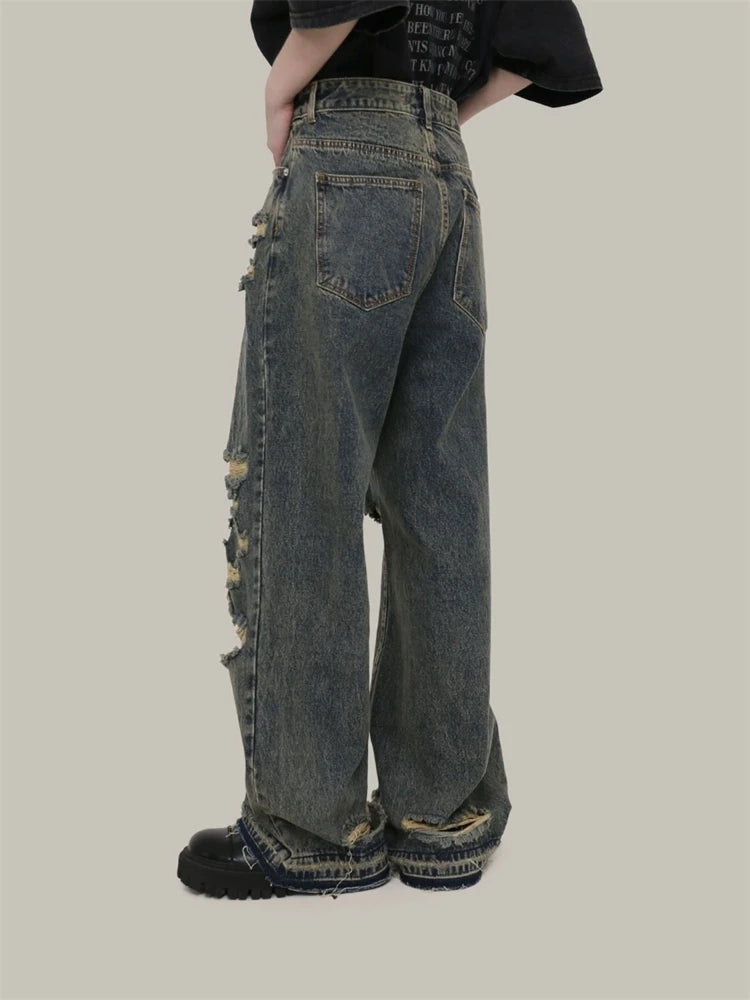 Aiertu  -  Women's Vintage Distressed Neutral Jeans Cool Girl High Waist Wide Legs Thin Pants Female Casual Straight Blue Denim Trousers Aiertu