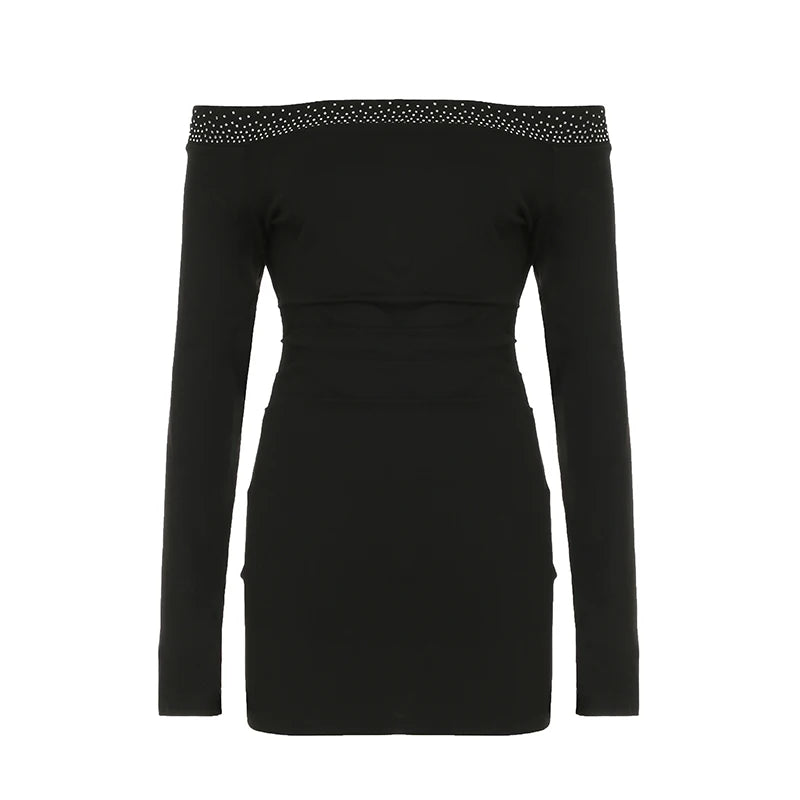 Aiertu  -  Rhinestone Detail Off Shoulder Long Sleeve Mini Dress Women Fashion Slim Fit Black Short Dresses Spring Casual Outfit Aiertu