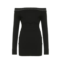 Aiertu  -  Rhinestone Detail Off Shoulder Long Sleeve Mini Dress Women Fashion Slim Fit Black Short Dresses Spring Casual Outfit Aiertu