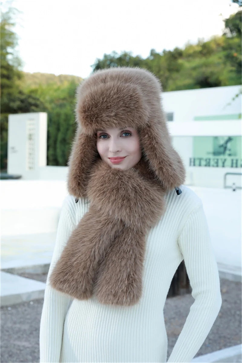 Aiertu  -  Hat Scarf Set Winter Warm Earmuffs Hat Girl Hat Natural Fluffy Plush Hat Leather Hat  Шапка Женская Aiertu