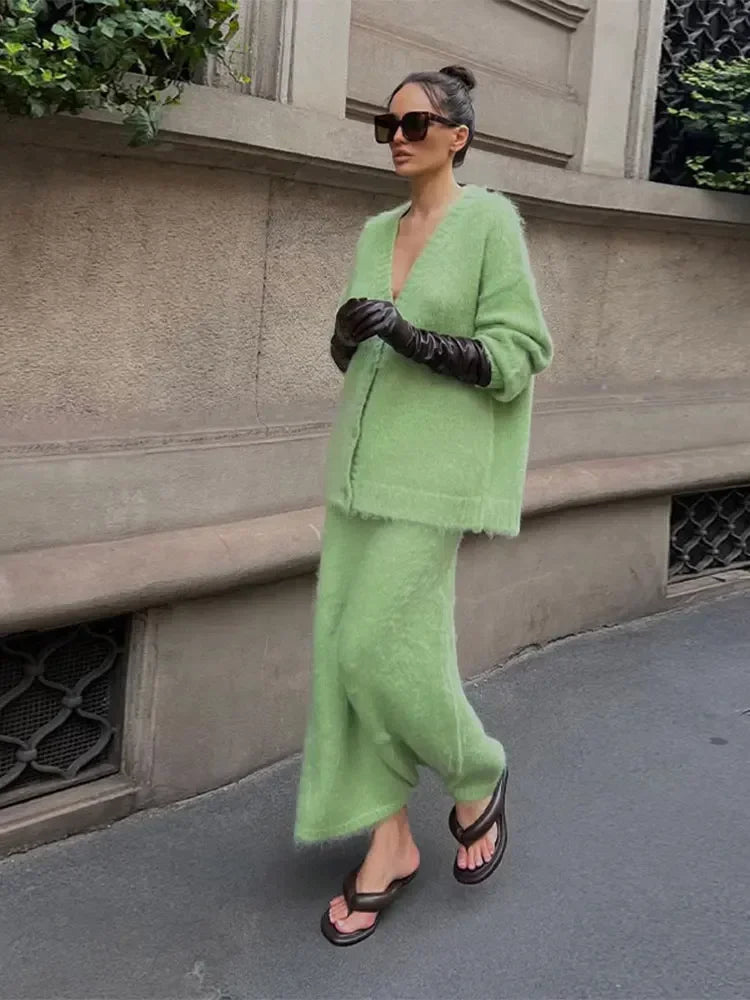 Aiertu  -  Elegant Knitted Solid Single Breasted Sweater Coat Skirt Suits Fashion V Neck Long Sleeves Cardigan Loose Commute Skirts Sets Aiertu