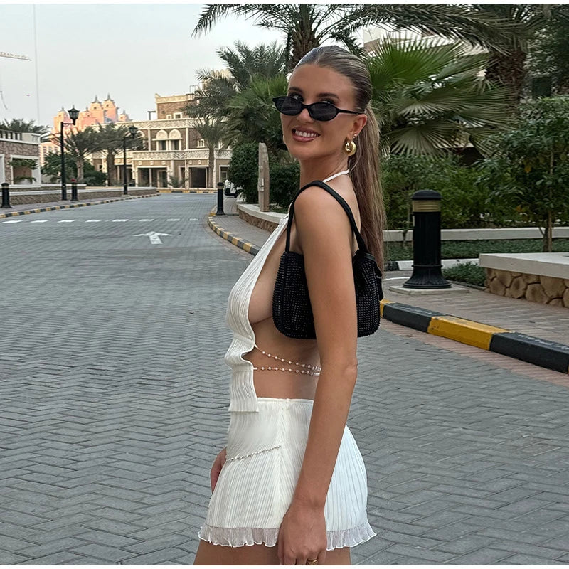 Aiertu  -  Vacation Beading Mini Skirt Sets For Women Y2K Sexy Backless Cropped Halter Vest Hip Package Short Skirts Beach 2 Pieces Outfits Aiertu