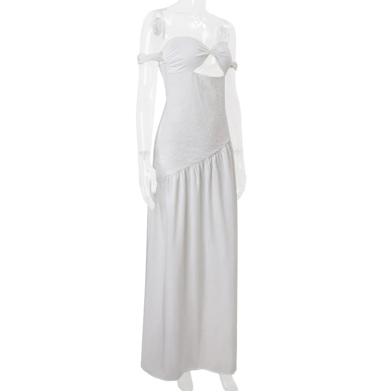 Aiertu  -  White Off Shoulder High Waist Pleated Evening Dress Lady Elegant Backless Slim Long Dress New 2026 Strapless Hollow Beach Dress Aiertu