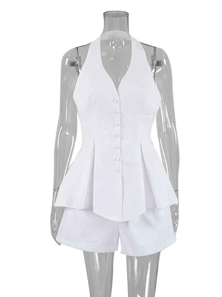 Aiertu  -  Cotton Linen Tank Top Shorts Sets Women's White Single Breasted Halter Ruffles Vest Wide Leg Shorts Suits Summer Commute Chic Aiertu