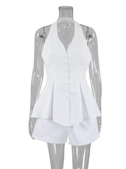 Aiertu  -  Cotton Linen Tank Top Shorts Sets Women's White Single Breasted Halter Ruffles Vest Wide Leg Shorts Suits Summer Commute Chic Aiertu
