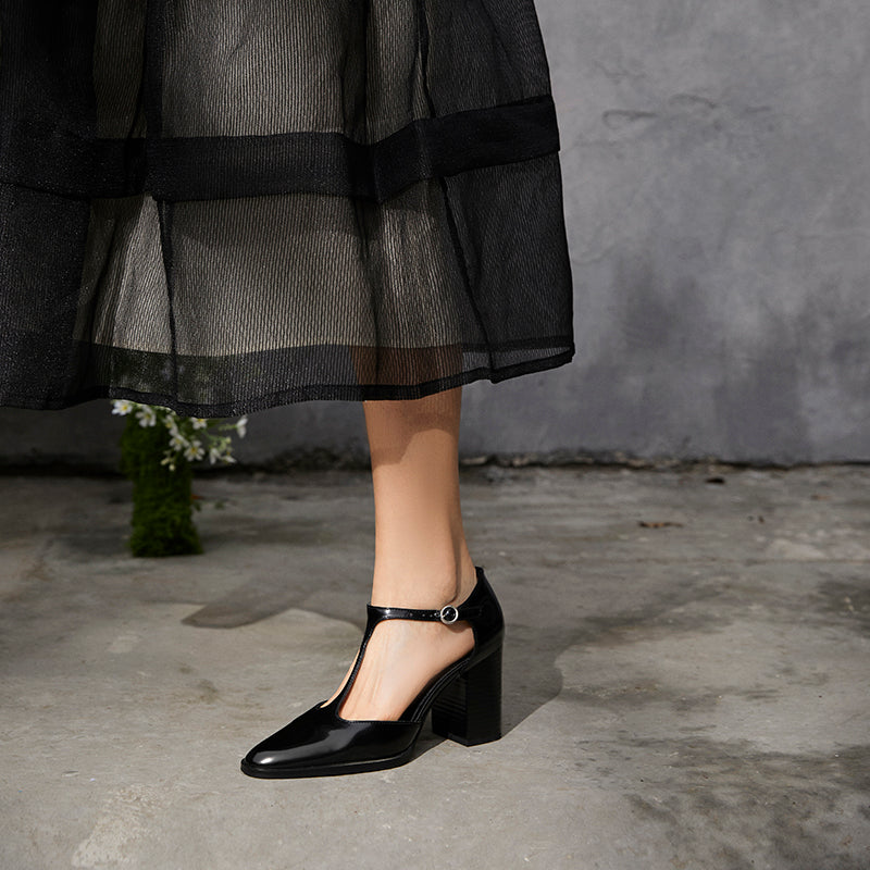 Aiertu  -  New Fashion Lacquer Leather T-shaped Pumps Round Toe Square Heel Straw Shoes French High Heels One Button Baotou Sandals Aiertu