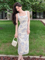 Aiertu  -  Summer Long One Piece Dress For Women Clothes Elegant Pretty Sweet Print Sexy Strap Wrap Hip Slit Midi Party Robe Mujer Vestidos Aiertu