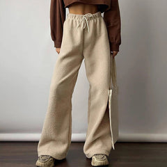 Aiertu  -  Winter Style Warm Women's Harajuku Casual Loose Fit Lamb Wool Solid Drawstring Elastic Waist Lacing Wide Leg Straight Pants Aiertu