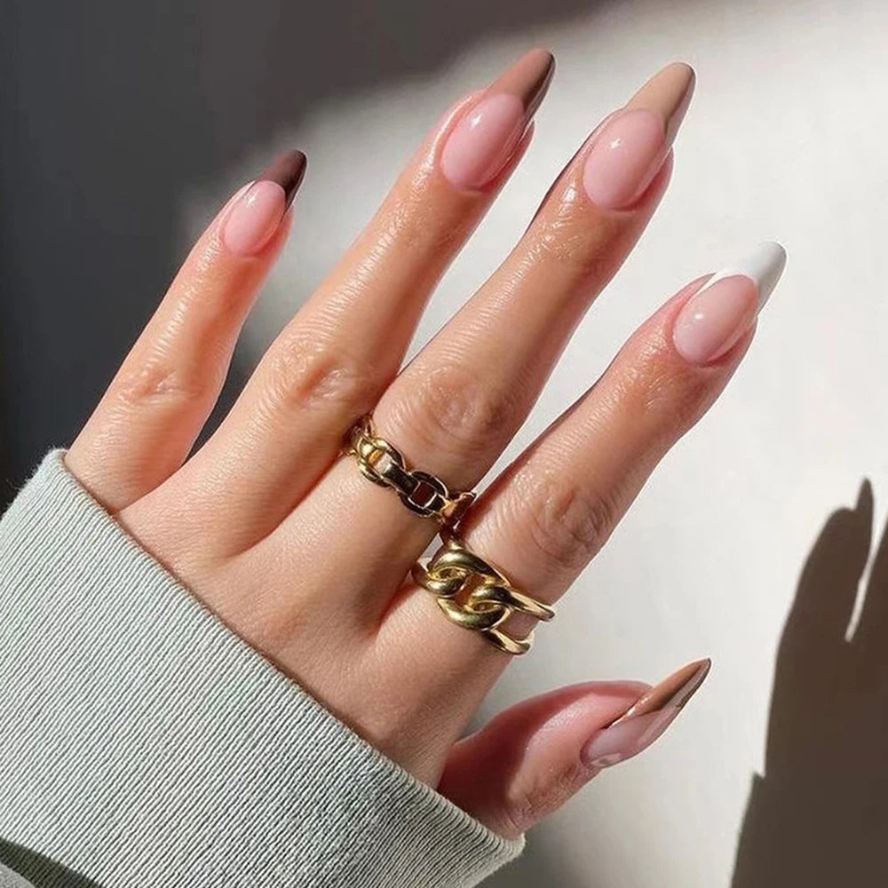 Aiertu  -  24Pcs Almond False Nails with Simple Colorful Design French Stiletto Full Cover Fake Nail Tips DIY Wearable Press on Nails Aiertu