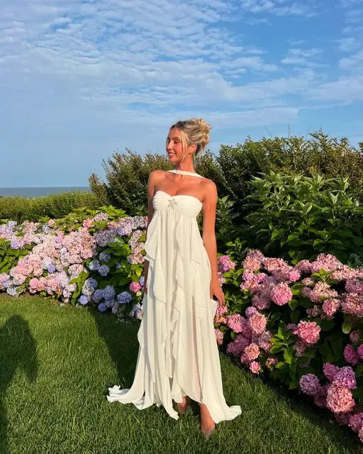 Aiertu  -  Chic Ruffles Scarf Collar Long Dress Women Elegant High Slit Off Shoulder Backless Tassel Midi Dresses Lady Solid Vacation Robes Aiertu
