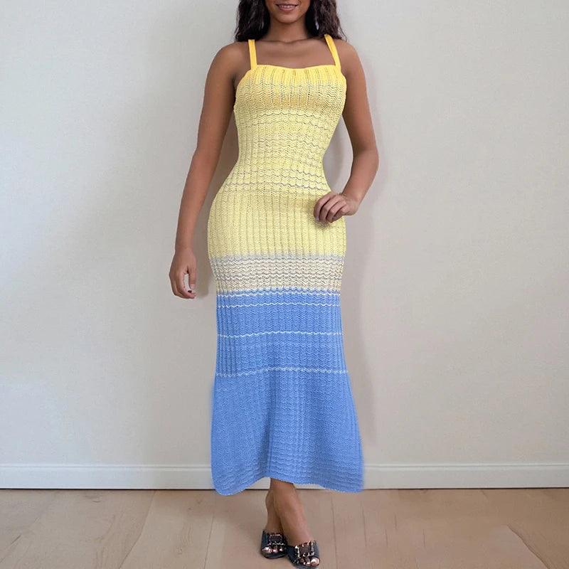 Aiertu  -  Lady Casual Summer O-neck Suspender Dress Beach Holiday Backless Knitted Long Dress Gradient Striped Printed Slim A-line Dress Aiertu