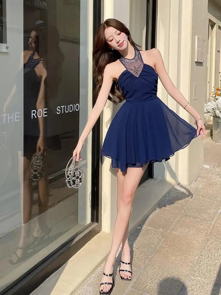 Aiertu  -  New Women Blue Diamond Patchwork Sexy Slim Backless Halter Short Dress Summer Elegant Sleeveless Off Shoulder Pleated Mini Dress Aiertu