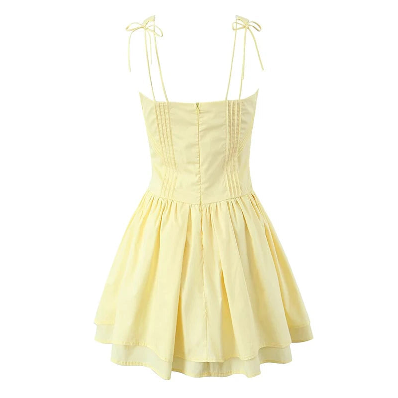 Aiertu  -  2025 Women Front Lace Up Sling Mini Dress Summer Cotton A-line Slim Holiday Dresses Yellow White Robe Aiertu