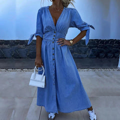 Aiertu  -  Fashion Single-breasted V-neck Denim Dress Elegant Hight Waist Tie-up Half Sleeves Party Dress Casual Solid Long Dress Vestidos Aiertu