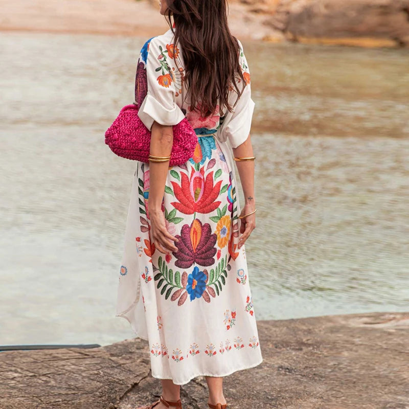 Aiertu  -  New Pattern Printed Loose Long Dress Women's Fashion Single Breasted Bohemian Dress Retro Short Sleeve Split Beach Dresses Aiertu