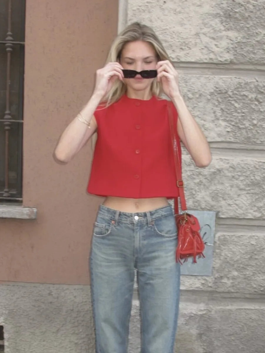 Aiertu  -  Summer Solid Color Tank Tops Women 2026 New O Neck Sleeveless Cropped Tops Elegant Fashion Single Breasted Vest Tops Clothing Aiertu