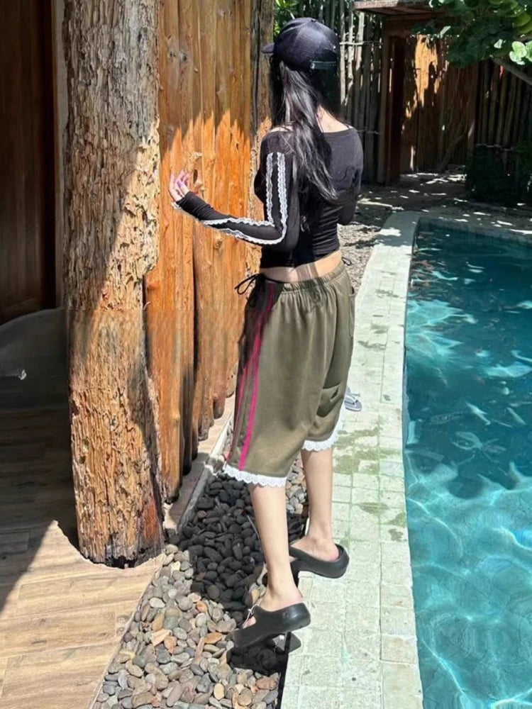 Aiertu  -  Y2k Aesthetic Summer Casual Lace Patchwork Shorts Women Vintage Fifth Points Trousers Fairy High Waist Drawstring Wide Leg Pants Aiertu