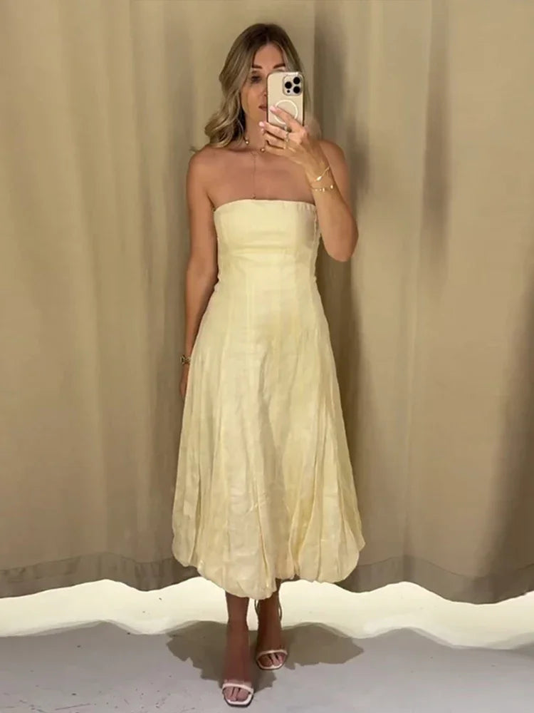 Aiertu  -  Elegant A-line Long Flower Bud Dress Women Evening High Waist Backless Sleeveless Tube Dresses 2025 Summer Gown Solid Vestidos Aiertu