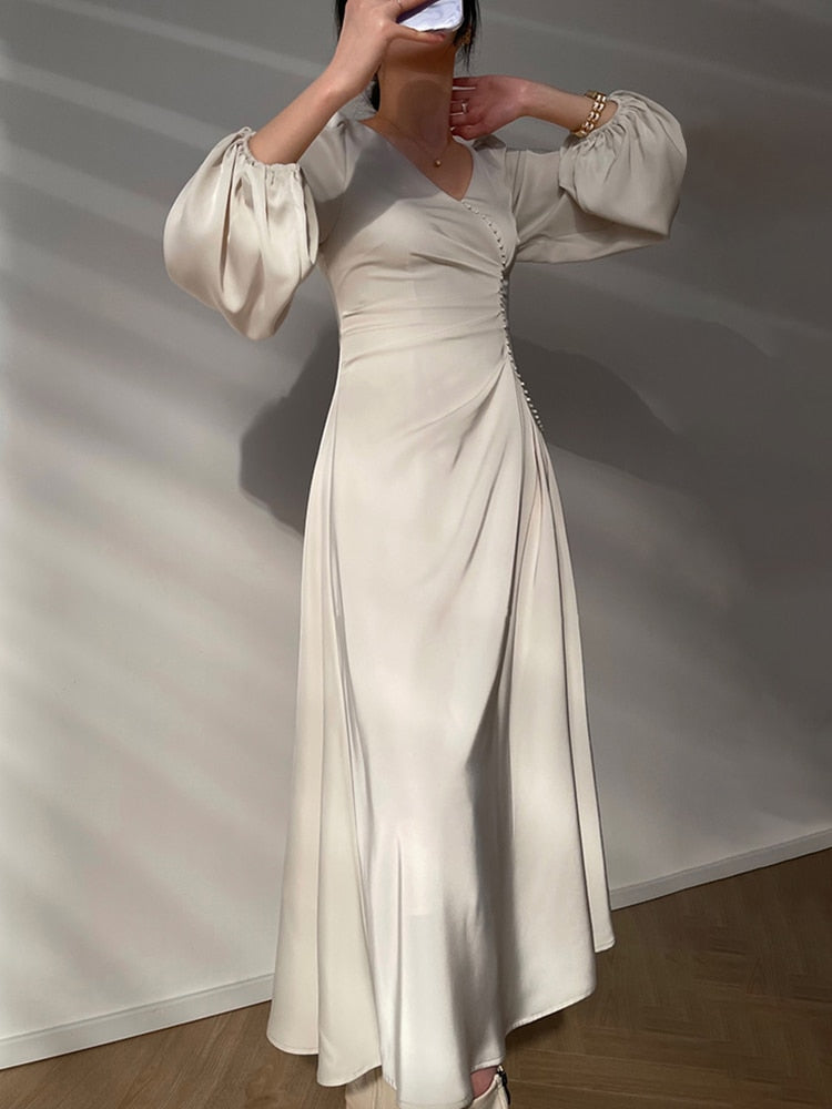 Aiertu  Elegant Dress For Women V Neck Lantern Sleeve High Waist Solid Ruched Minimalist Midi Dresses Female Clothing Style Aiertu