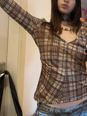 Aiertu  -  Korean Plaid Harajuku Slim Tee Shirts Vintage Print Tie Grunge Women's Tops Fashion Y2k Aesthetic Chic Streetwear T-Shirts 2025 Aiertu