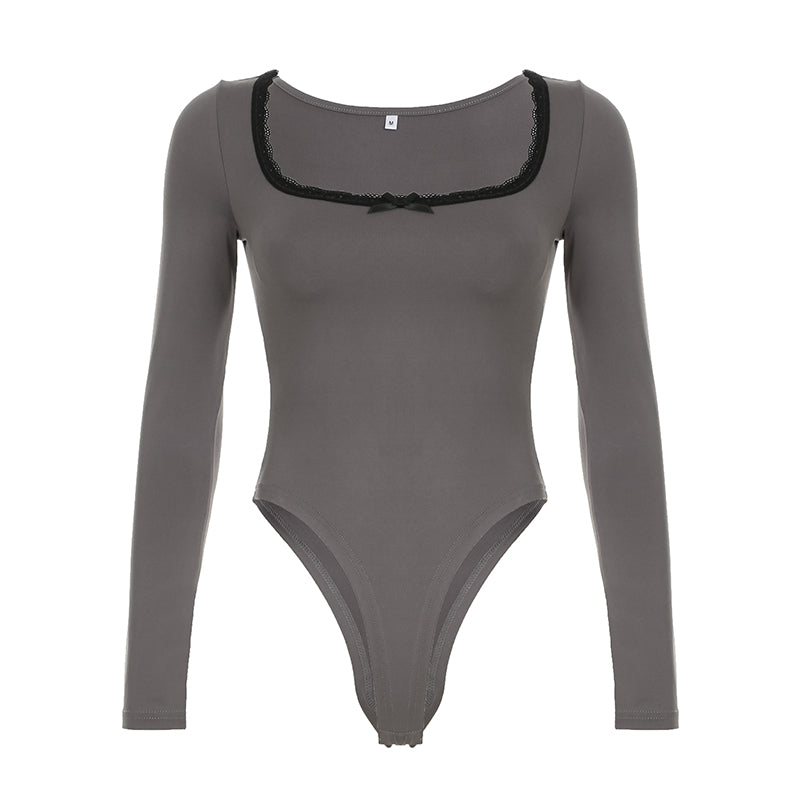Aiertu - summer inspo Autumn Hotsweets Slim Long Sleeve Bodysuit Women Simple Lace Trim Square Collar Bow Rompers Trendy Clothing Aiertu