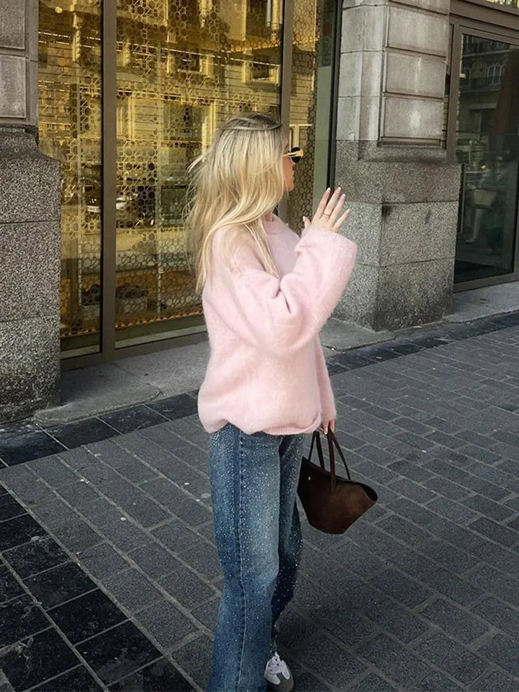 Aiertu  -  Pink Casual Loose O Neck Pullover Sweater For Women 2026 Autumn Elegant Long Sleeves Knitted Top Female New Chic Commute Jumpers Aiertu