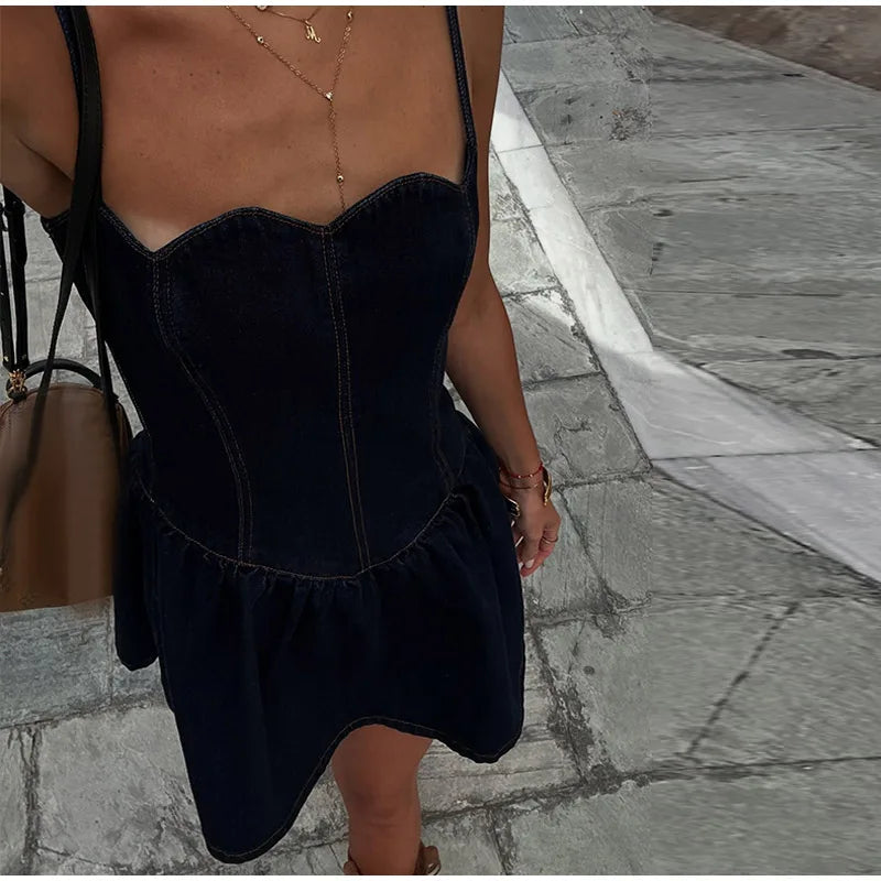 Aiertu  -  Chic Sling Lace Strapless Denim Women's Mini Dress Backless Waist Pleated A-line Dresses 2026 Summer Casual Vacation Ladies Robe Aiertu