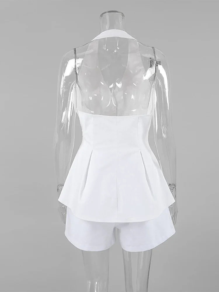 Aiertu  -  Cotton Linen Tank Top Shorts Sets Women's White Single Breasted Halter Ruffles Vest Wide Leg Shorts Suits Summer Commute Chic Aiertu
