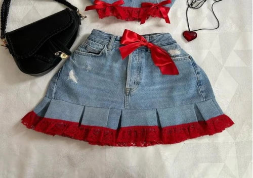 Aiertu  -  Korean Gothic Sexy Hottie Denim Skirt Suit for Women Harajuku Y2k Style High Street Retro Design Cute Mini Skirt Punk Slim Top Aiertu