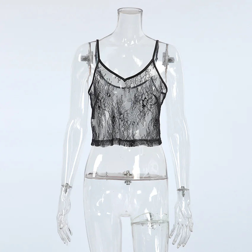 Aiertu  -  Lace Jacquard Sheer Tank Top Women V Neck Sleeveless Transparent Sleeveless Crop Tops Sexy Fashion Black Mesh Smock Camis New Aiertu