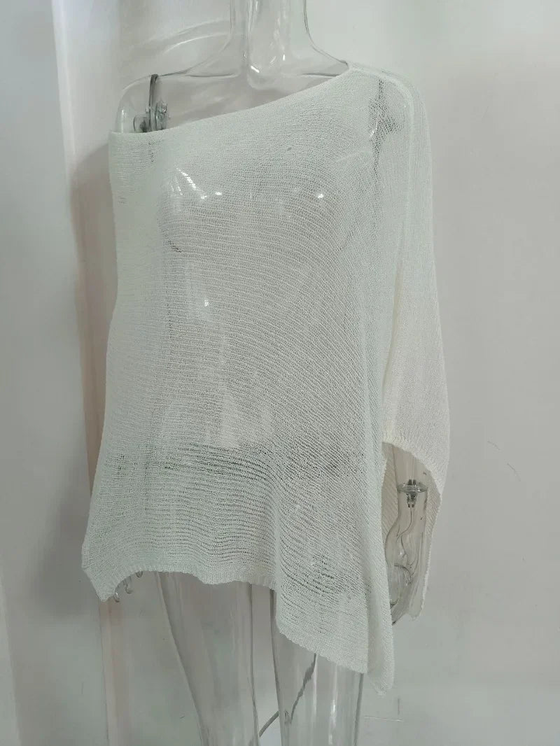 Aiertu  -  Thin See Through Irregular Knit Cover Ups Crop Tops Women Sexy Inclined Shoulder Summer Holiday Beach Smock Pullover Shawl Tees Aiertu