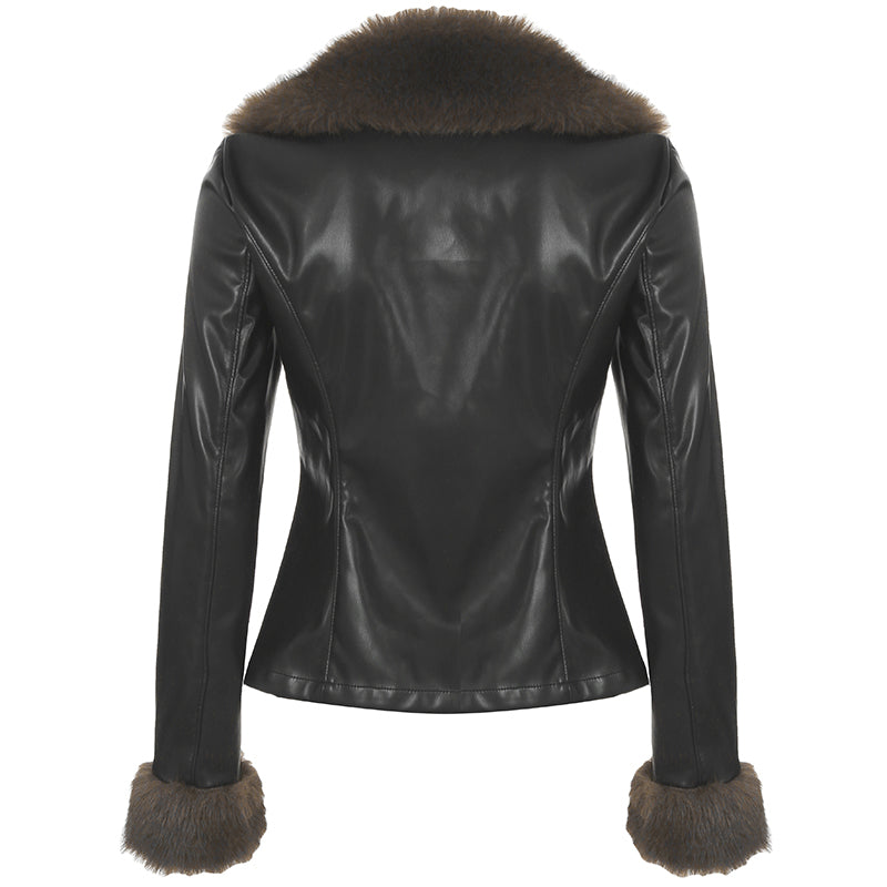 Aiertu - summer inspo Autumn New Clothes Women’s Leather Coat Long Sleeve Spliced Faux Trim Button Slim Fit Chic Coat Aiertu