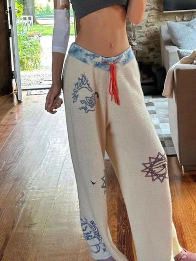 Aiertu  -  Y2k Aesthetic Streetwear Print Straight Pant Women Casual Patchwork Pantalon Personality Drawstring Grunge Wide Leg Trousers Aiertu