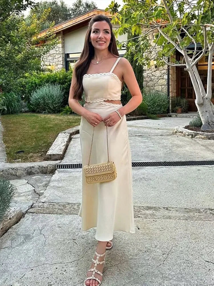 Aiertu  -  Sexy Hollow Out Sling Midi Dress Women Casual Pleated Square Collar Sleeveless A-line Female Dresses Summer Lady Vestidos Aiertu